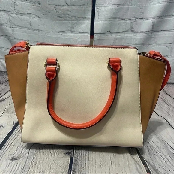 Aldo Color-block Satchel/Tote/Shoulder Bag Orange/Cream/Tan - Picture 6 of 12